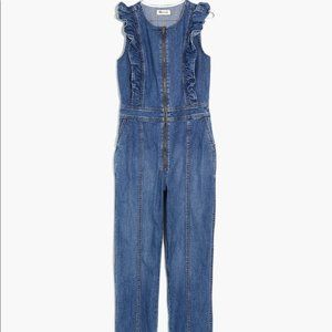 Denim Ruffle-Sleeve Zip-Front Jumpsuit